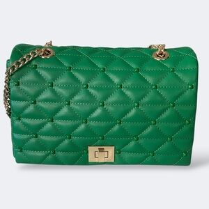 INC Green Quilted & Studded Shoulder Crossbody Bag with Gold Turn-Lock Chain